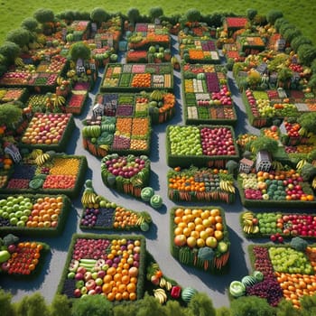 An aerial view of a large garden or maze meticulously designed with various fruits and vegetables forming intricate patterns. High quality AI-generated photo.
