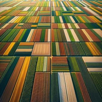 An aerial view of a patchwork of colorful agricultural fields, forming a geometric pattern from above. High quality AI-generated photo.