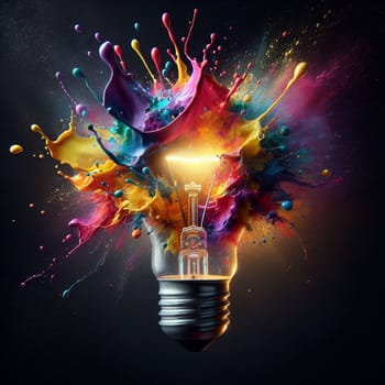A lightbulb explodes with a burst of vibrant, colorful paint, symbolizing creativity and innovation. High quality AI-generated photo.
