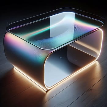 A modern coffee table with a glass top featuring iridescent, wavy patterns and illuminated base. High quality AI-generated photo.
