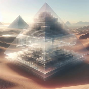 A futuristic transparent pyramid structure in a desert landscape, with traditional pyramids in the background. High quality AI-generated photo.
