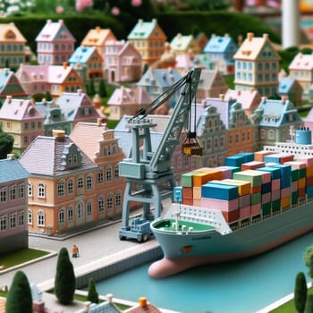 A miniature model of a harbor scene with colorful shipping containers, a crane, and buildings. High quality AI-generated photo.