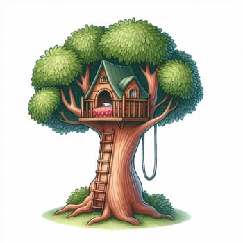 A cartoon illustration of a tree house with a ladder and rope swing, set against a white background. High quality AI-generated photo.