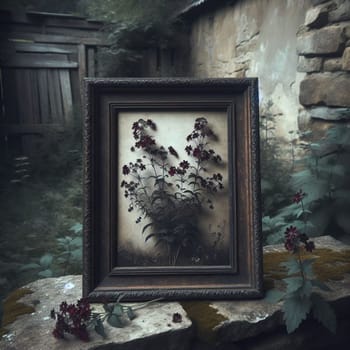 A dark, moody photograph of a framed pressed flower arrangement, set against a rustic stone backdrop. High quality AI-generated photo.