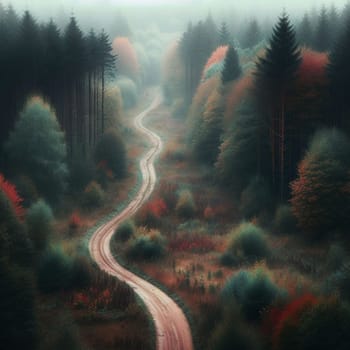 An aerial view of a winding dirt road through a colorful autumnal forest. High quality AI-generated photo.