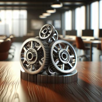 A pile of metal gears sits on a wooden table in a modern office environment, representing teamwork and collaboration. High quality AI-generated photo.