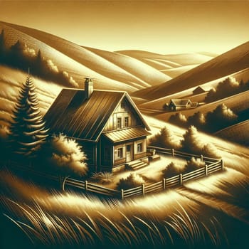 A sepia-toned illustration of a farmhouse nestled in a rolling hills landscape. High quality AI-generated photo.