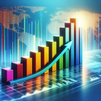 A colorful bar chart with an upward-pointing arrow, superimposed on a world map, symbolizing global growth and success. High quality AI-generated photo.
