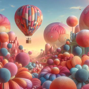 A hot air balloon floats over a whimsical, surreal landscape of colorful, organic shapes and flowers. High quality AI-generated photo.