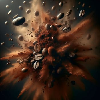A dynamic image of exploding coffee beans and ground coffee, creating a visually stunning, energetic composition. High quality AI-generated photo.