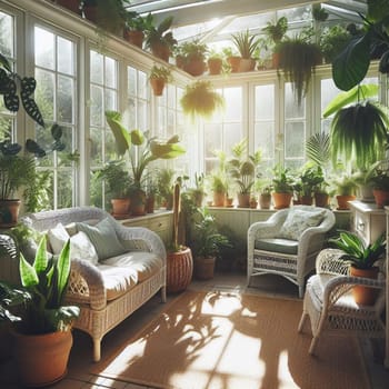 A sunlit conservatory filled with a variety of lush potted plants, featuring wicker furniture and a tranquil atmosphere. High quality AI-generated photo.
