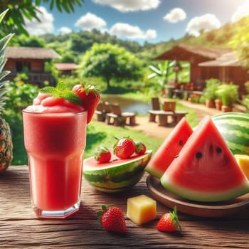 A refreshing watermelon and strawberry smoothie in a glass, with fresh fruit slices arranged on a wooden table, set against a tropical background. High quality AI-generated photo.