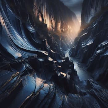A dramatic aerial view of a deep canyon with a river flowing through it, illuminated by a beam of sunlight. High quality AI-generated photo.
