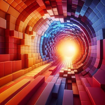 An abstract tunnel formed from colorful, cubic blocks, leading towards a bright light. High quality AI-generated photo.