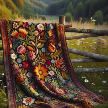 A richly embroidered textile featuring a floral design, draped over a rustic wooden fence in a flower-filled field. High quality AI-generated photo.