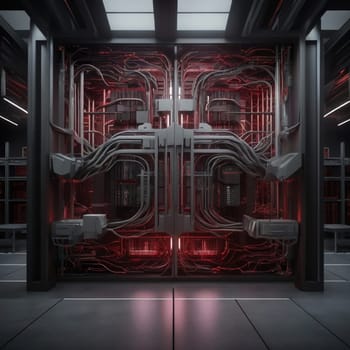 A futuristic server room interior featuring a large, intricately wired server rack with glowing red lights. High quality AI-generated photo.