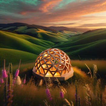 A wooden geodesic dome structure sits in a grassy field, with rolling green hills and a sunset sky in the background. High quality AI-generated photo.