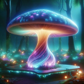 A large, bioluminescent mushroom with swirling, colorful light emanating from its base, situated in a dark, mystical forest. High quality AI-generated photo.