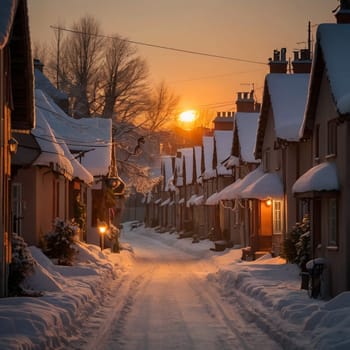 A snow-covered street lined with charming houses at sunset. High quality AI-generated photo.