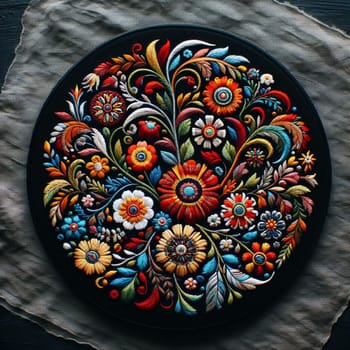 A circular piece of embroidery featuring a dense arrangement of colorful flowers and leaves on a black background. High quality AI-generated photo.