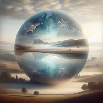 A surreal image of a glass sphere containing a landscape reflected in a body of water, set in a misty field. High quality AI-generated photo.