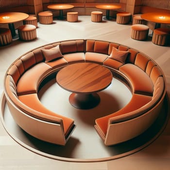 A circular seating arrangement with an orange velvet sofa and a wooden table in the center, designed for conversation and socializing. High quality AI-generated photo.