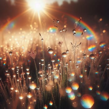 A close-up shot of dewdrops on blades of grass at sunrise, with a rainbow visible in the background. High quality AI-generated photo.
