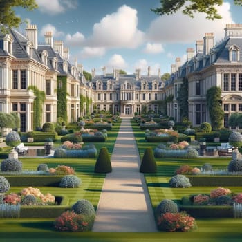 A grand estate with symmetrical gardens, featuring a long driveway leading to a large mansion. High quality AI-generated photo.