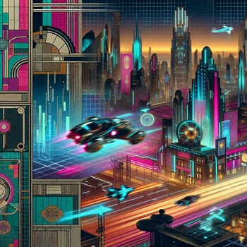 A futuristic cityscape with flying vehicles and neon lights, blending art deco and cyberpunk aesthetics. High quality AI-generated photo.