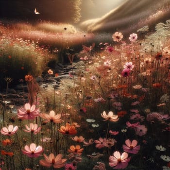 A serene field of cosmos flowers beside a gentle stream, with butterflies flitting amidst the blooms. High quality AI-generated photo.