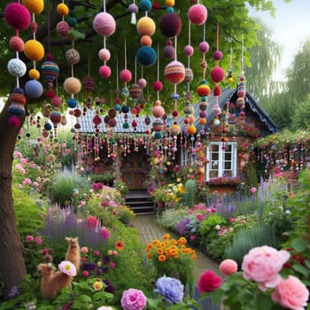 A whimsical garden scene featuring a cottage adorned with flowers, and a tree decorated with colorful yarn balls. High quality AI-generated photo.