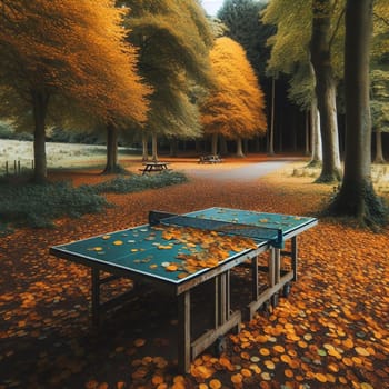 An old ping pong table covered with autumn leaves, set in an autumnal forest setting. High quality AI-generated photo.