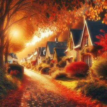 A picturesque street lined with charming houses in autumn, with vibrant fall foliage and warm sunlight. High quality AI-generated photo.