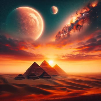 A surreal landscape featuring the Giza pyramids under a dramatic sunset sky with a large, orange planet visible in the night sky. High quality AI-generated photo.