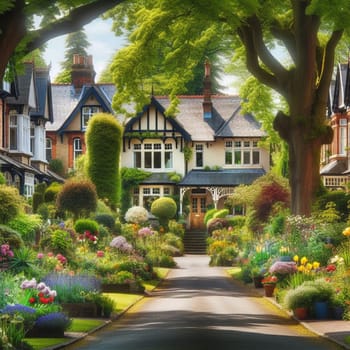 A charming street lined with beautiful houses and lush gardens in full bloom. High quality AI-generated photo.