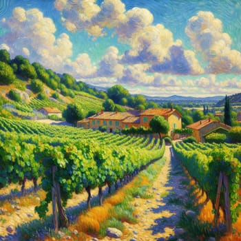 An Impressionistic painting of a vineyard in the French countryside, under a sunny sky with fluffy clouds. High quality AI-generated photo.