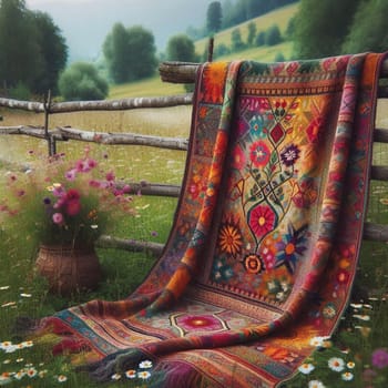 A richly embroidered textile with a floral design, displayed against a rustic wooden fence in a field of wildflowers. High quality AI-generated photo.