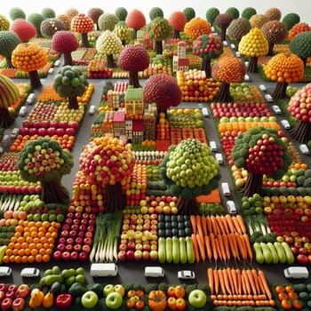 A whimsical aerial view of a town constructed entirely of fruits and vegetables. High quality AI-generated photo.