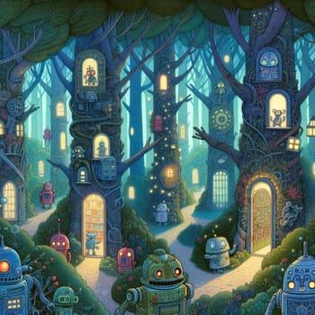 An illustration of a whimsical forest inhabited by robots living in tree trunks. High quality AI-generated photo.