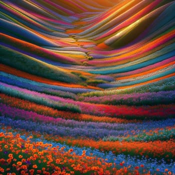 A landscape featuring colorful, undulating hills covered in a variety of flowers creating a vibrant, striped pattern. High quality AI-generated photo.