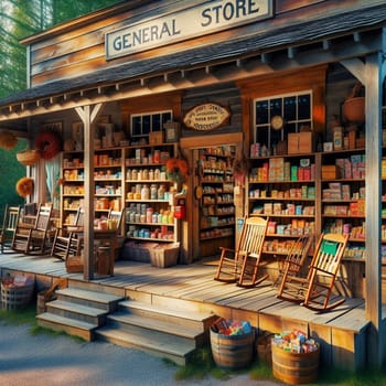 A vintage general store with rocking chairs on the porch, shelves stocked with goods, and barrels of merchandise outside. High quality AI-generated photo.