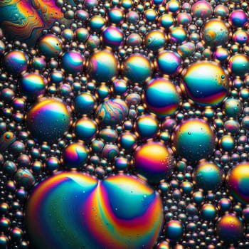 A close-up macro shot of iridescent bubbles, showcasing a spectrum of vibrant colors and intricate patterns. High quality AI-generated photo.