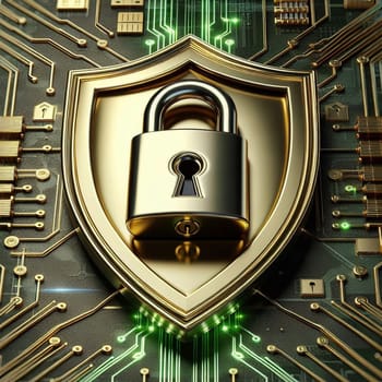 A golden padlock icon on a golden shield, positioned on a circuit board, symbolizing digital security. High quality AI-generated photo.