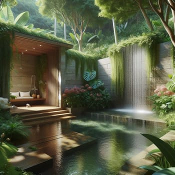 A luxurious outdoor bathroom with a waterfall feature, lush tropical plants, and a tranquil atmosphere. High quality AI-generated photo.