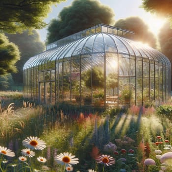 A large glass greenhouse nestled amongst a wildflower meadow, with sunlight streaming through the glass. High quality AI-generated photo.