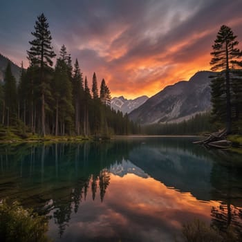 A tranquil lake reflecting the fiery colors of a sunset sky against a backdrop of a pine forest and mountains. High quality AI-generated photo.