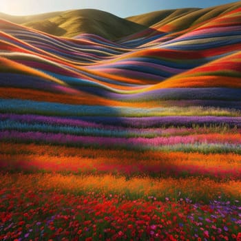 A landscape featuring colorful, undulating hills covered in a variety of flowers creating a vibrant, striped pattern. High quality AI-generated photo.