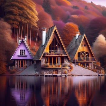 Three A-frame houses on stilts situated on a lake shore with a scenic autumnal forest backdrop. High quality AI-generated photo.