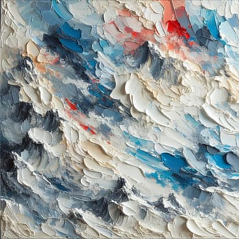 An abstract impasto painting showcasing dynamic brushstrokes in shades of blue, white, and red, creating an expressive effect. High quality AI-generated photo.
