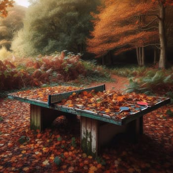 An old, weathered ping pong table covered in autumn leaves, situated in a forest setting. High quality AI-generated photo.